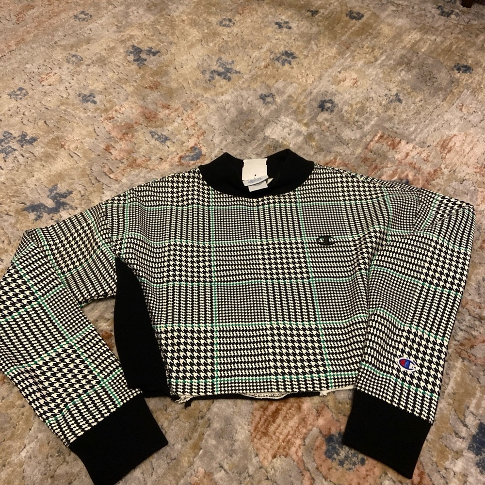 Champion White, Black, Green Plaid Cropped Sweater Size XS Woman's Vintage